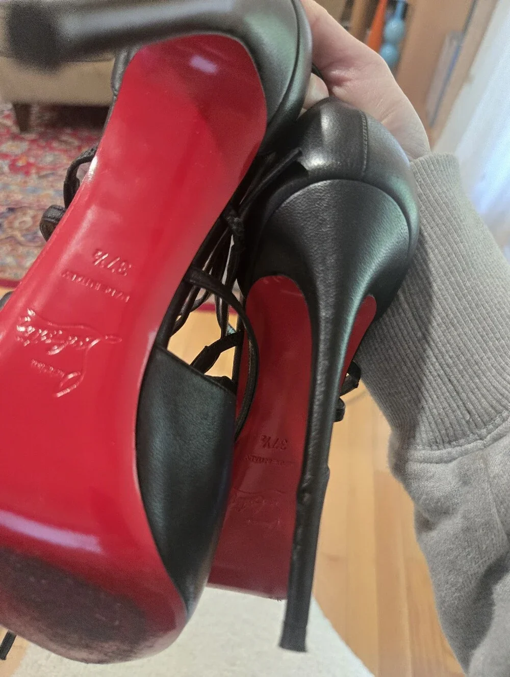 Christian Louboutic Holli Alta Black  Strappy Peep-Toe High Heels with Red Sole